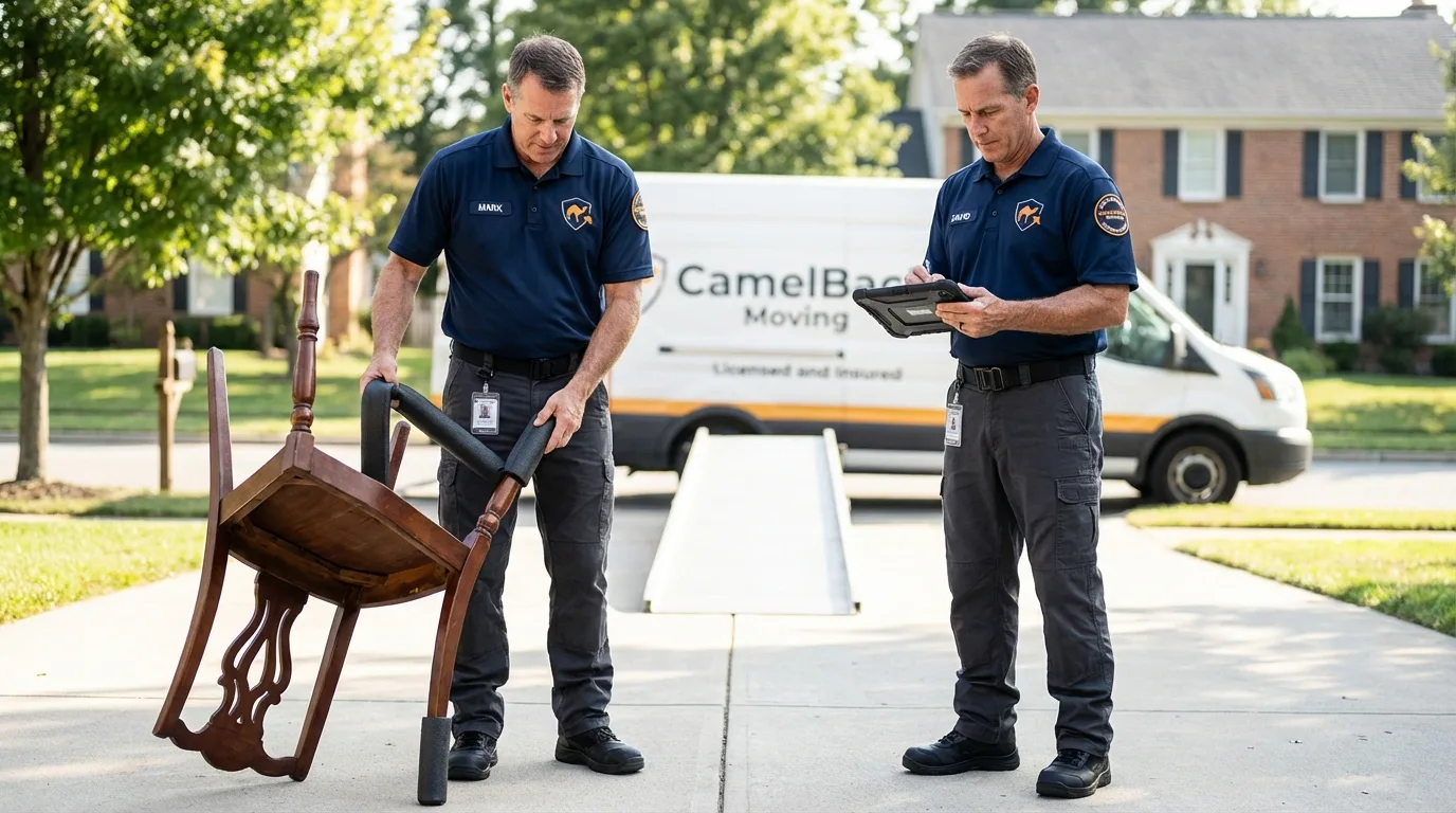 Movers inspecting furniture for damage prevention before loading in Ceredo, WV